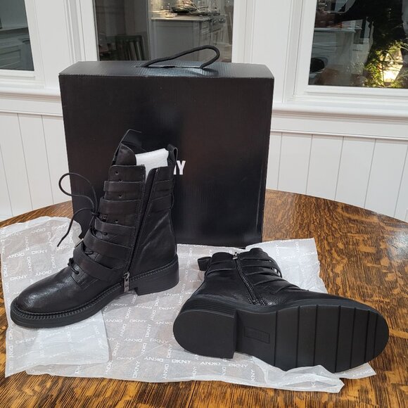 DKNY Buckled Straps Accent Combat Boots. Black Leather and Silver-Tone Metal. 7. - Picture 8 of 11